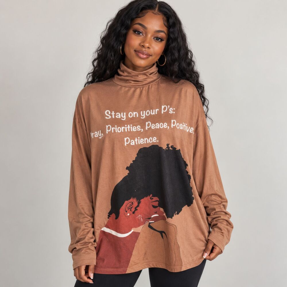 Women’s XL Brown Graphic Turtleneck Top Stay On Your P’s Oversized Long Sleeve